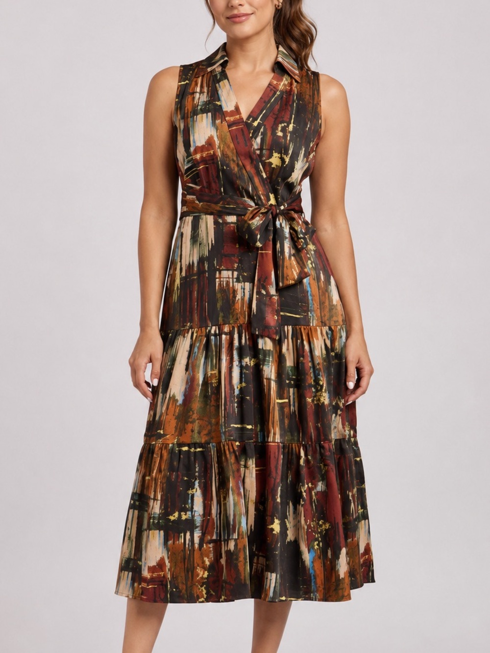 🆕🍄🟫🌿Tahari ASL Abstract Print Collared Sleeveless Belted Tiered Midi Dress 4